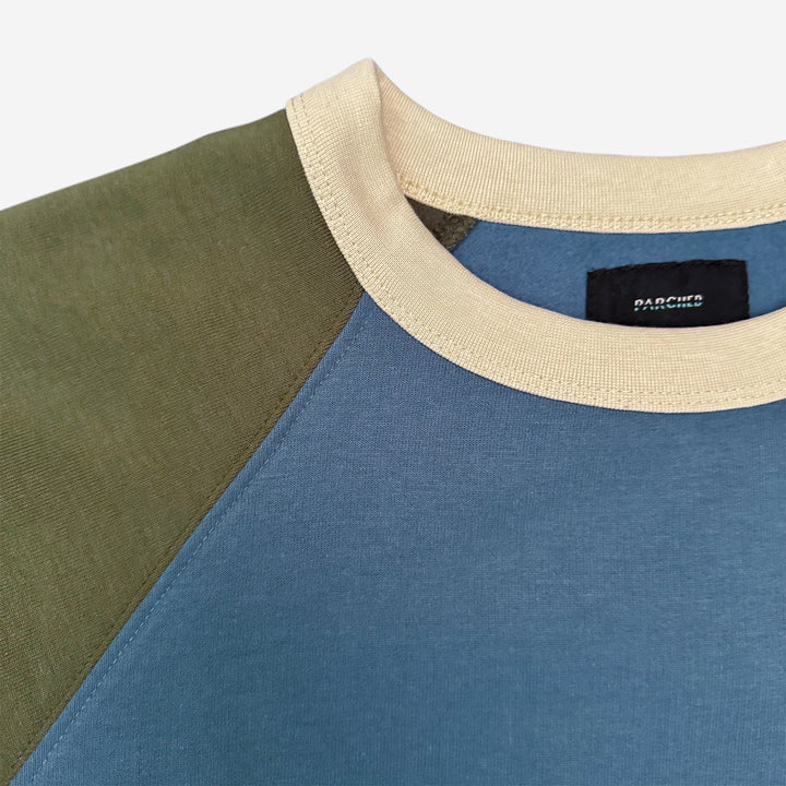 Parched Color Block Pocket Crew Neck Sweatshirt - Mossy Blue