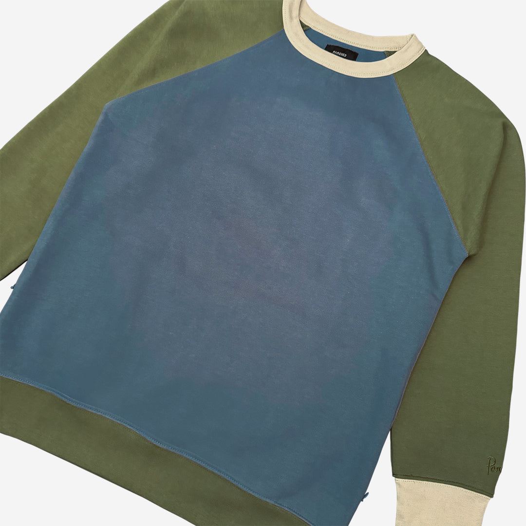 Parched Color Block Pocket Crew Neck Sweatshirt - Mossy Blue