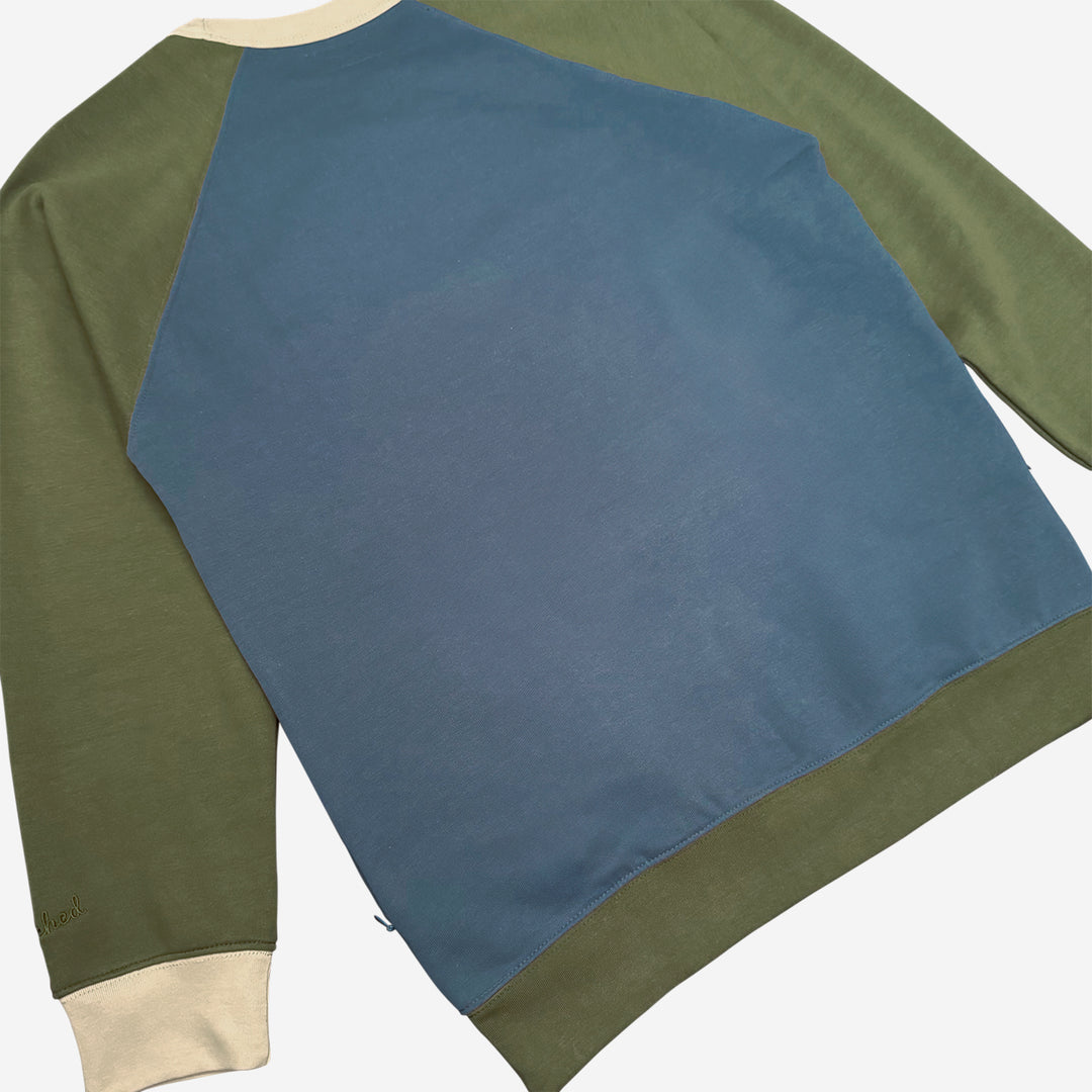 Parched Color Block Pocket Crew Neck Sweatshirt - Mossy Blue